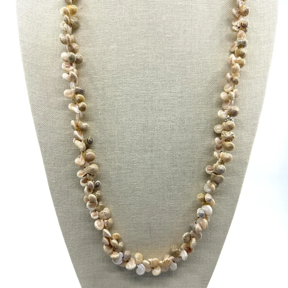 Natural Spiral Seashell Cluster Long Necklace Cream Coastal Boho Statement Gift